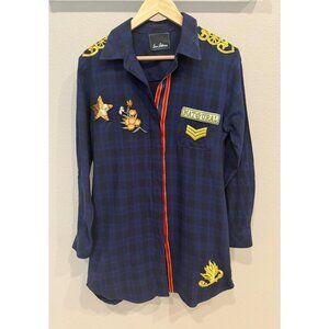 Sam Edelman Women's Patch Embellished Plaid Long Sleeve Sleep Shirt Small Navy